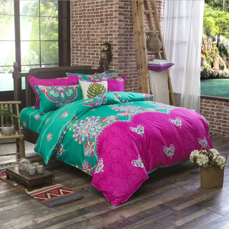 Vibrant turquoise and fuchsia paisley ethnic print bedding set with embroidered floral accents by decorbites bohemian ethnic