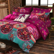 Vibrant magenta and teal ethnic print bedding set with intricate paisley floral and geometric designs by decorbites bohemian ethnic