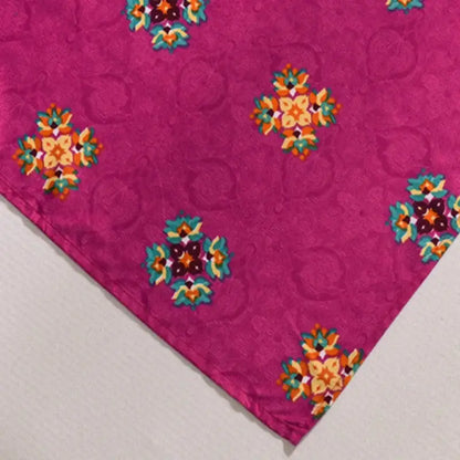Vibrant magenta silk scarf with colorful ethnic print floral motifs in orange teal and brown for decorbites bohemian ethnic decor