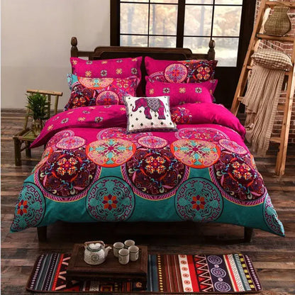 Vibrant fuchsia and teal bedding set with intricate mandala ethnic print by decorbites bohemian ethnic for stylish decor