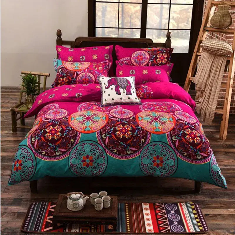 Vibrant fuchsia and teal bedding set with intricate mandala ethnic print by decorbites bohemian ethnic for stylish decor