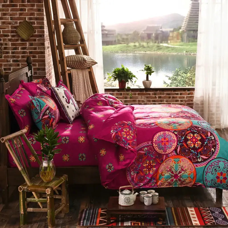 Vibrant magenta and teal ethnic print bedding set with intricate circular mandala designs from decorbites bohemian ethnic collection