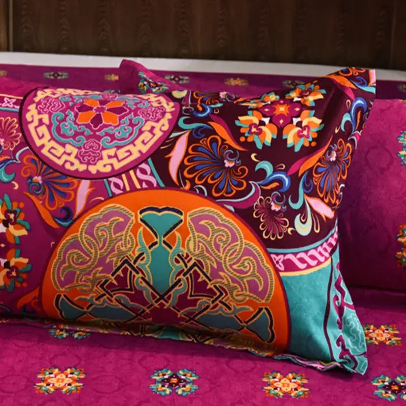 Vibrant purple and teal patterned pillow sham with intricate floral and geometric designs in decorbites bohemian ethnic bedding set