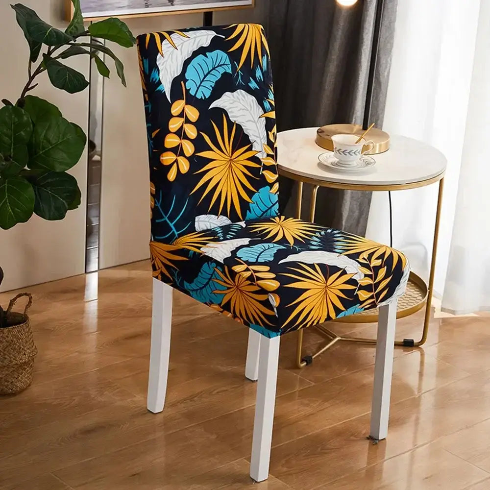 Bohemian mandala stretch chair cover in navy blue gold with vibrant tropical pattern and stretchy fabric design