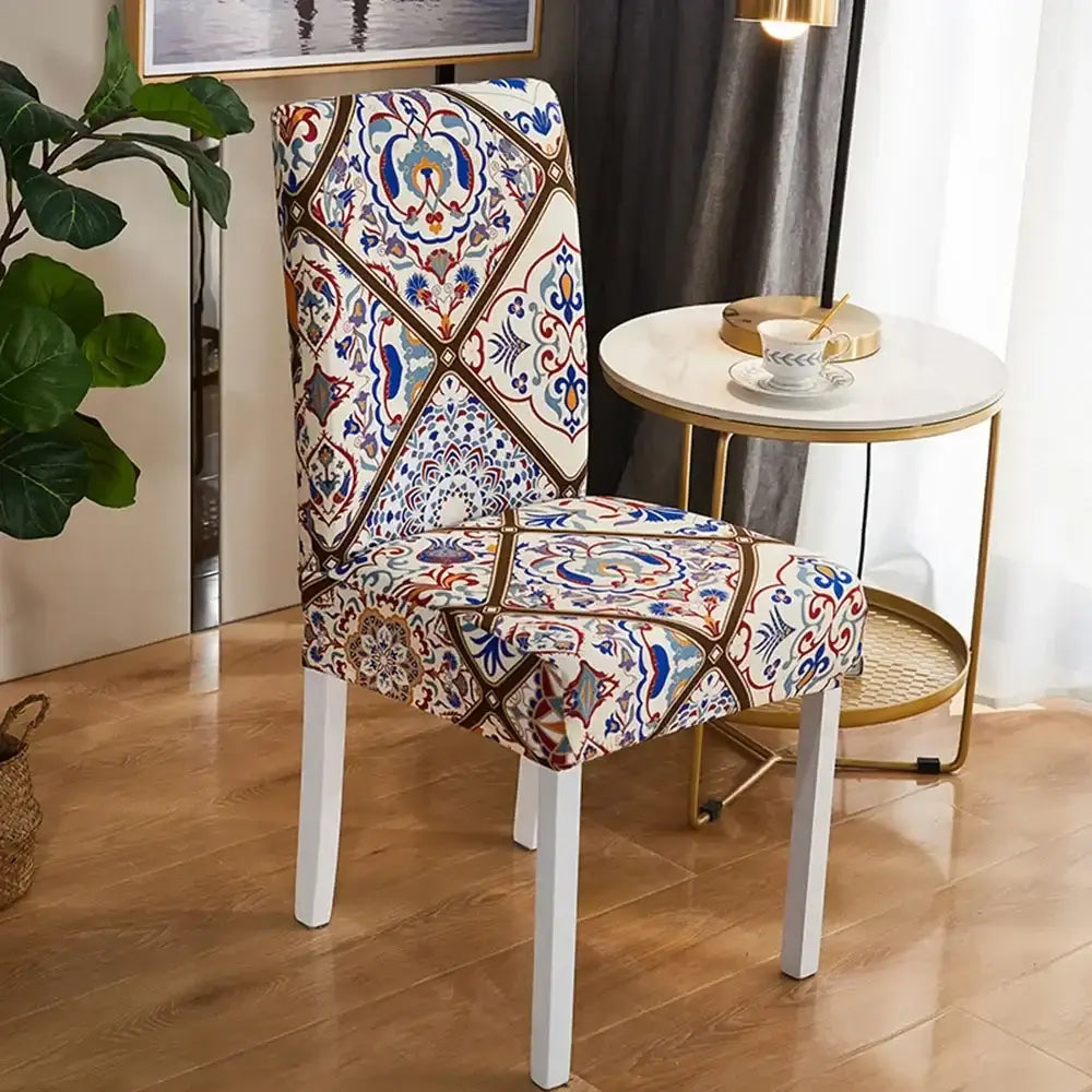 Vibrant bohemian mandala stretch chair cover in navy gold with geometric floral pattern for dining room decorbites bohemian mandala
