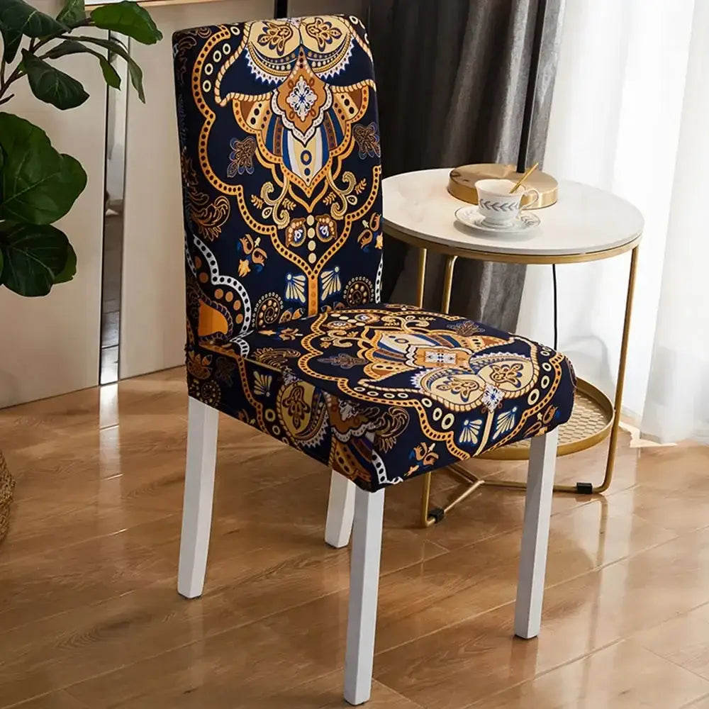 Navy blue and gold ornate bohemian mandala stretch chair cover from decorbites for dining room slipcover use