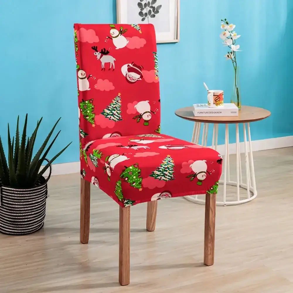 Red stretchy chair cover with festive christmas snowmen reindeer and trees on vibrant red background for decorbites bohemian mandala stretch