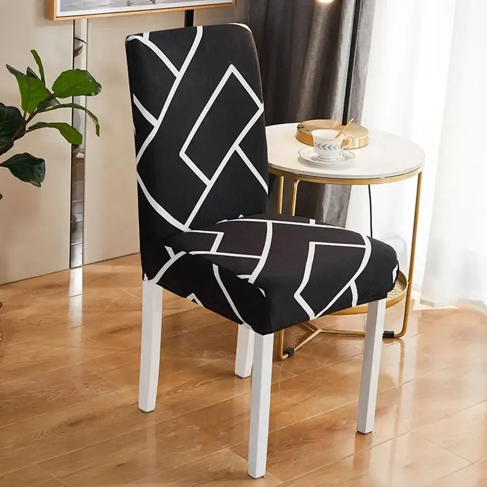Bohemian mandala stretch chair cover in black and white geometric pattern for dining room decorbites bohemian mandala