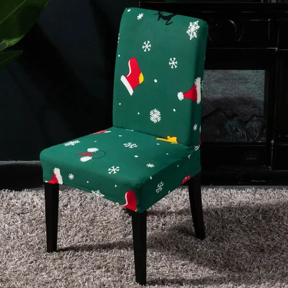 Green stretchy decorbites bohemian mandala stretch chair cover with white snowflakes and red santa hats