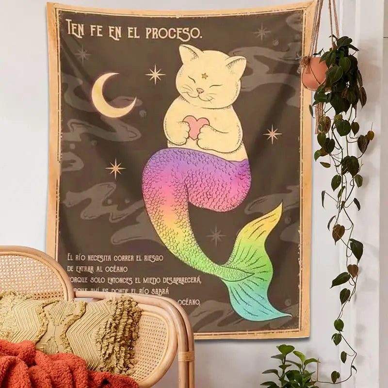 Bohemian moon cat wall art featuring a decorbites cat tapestry with pastel rainbow tail and starry night sky design