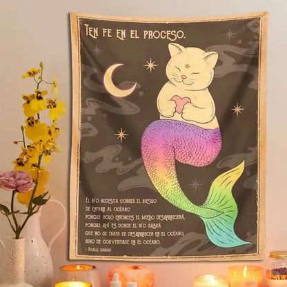 Bohemian moon cat wall art tapestry with rainbow tail, celestial motifs and spanish text for bedroom decorbites cat tapestry