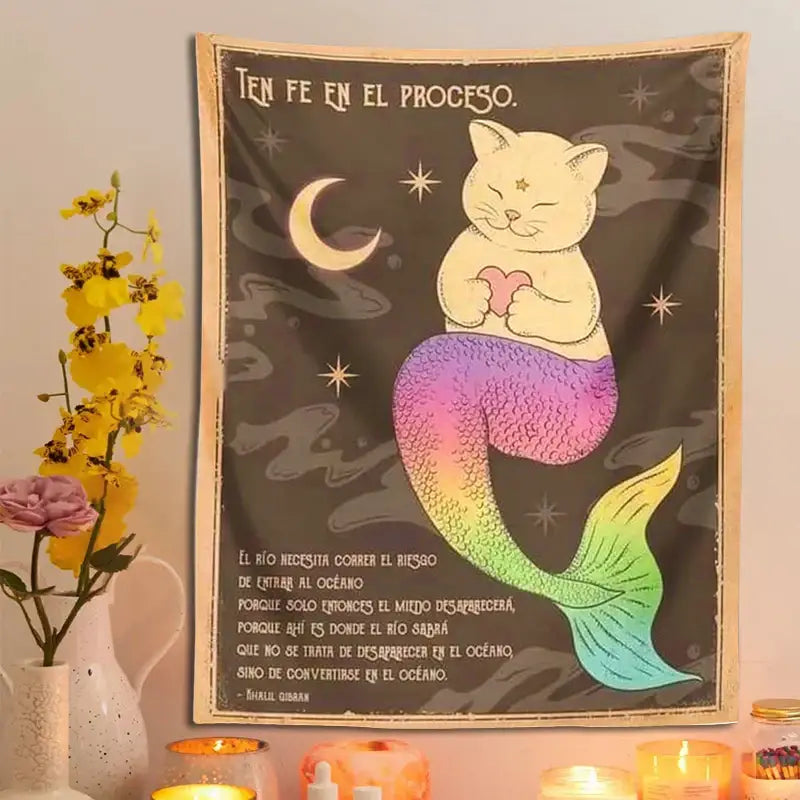 Bohemian moon cat wall art tapestry with rainbow tail, celestial motifs and spanish text for bedroom decorbites cat tapestry