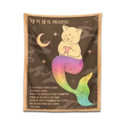 A cozy bohemian moon cat tapestry featuring a rainbow-tailed cartoon cat mermaid with stars for bedroom decorbites cat tapestry