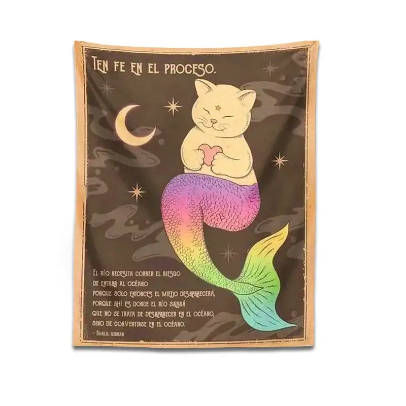 A cozy bohemian moon cat tapestry featuring a rainbow-tailed cartoon cat mermaid with stars for bedroom decorbites cat tapestry