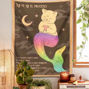 Bohemian moon cat wall art tapestry featuring a cream and rainbow gradient mermaid cat on a starry dark background decorbites cat tapestry