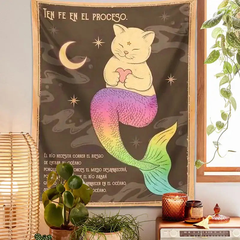 Bohemian moon cat wall art tapestry featuring a cream and rainbow gradient mermaid cat on a starry dark background decorbites cat tapestry
