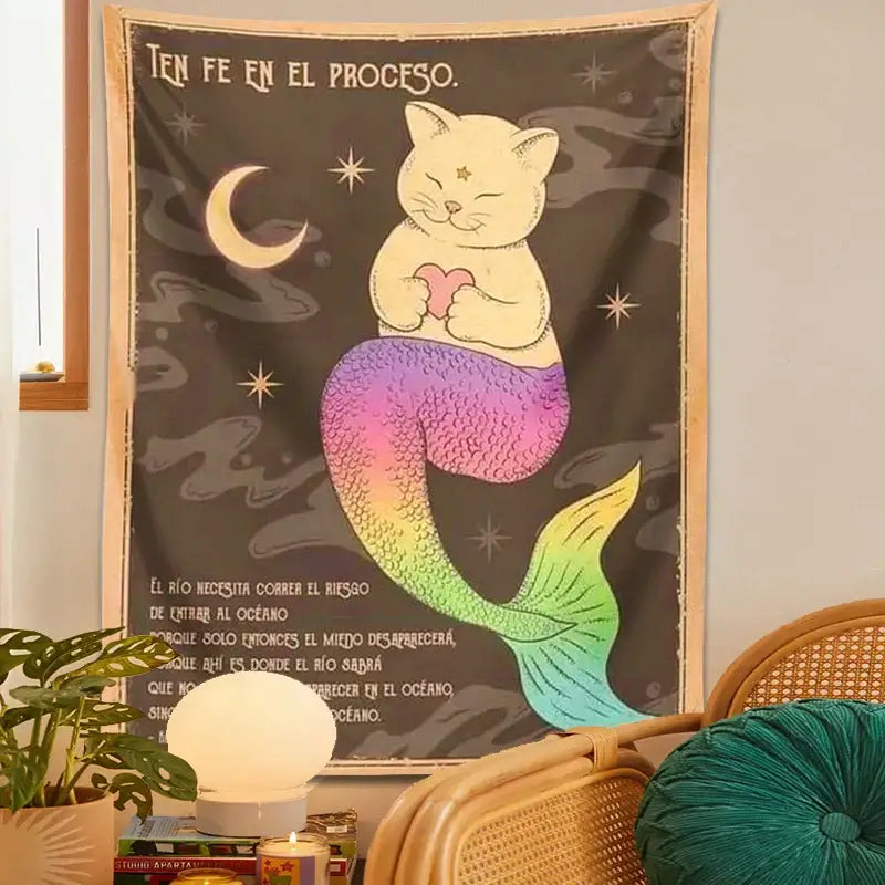Bohemian moon cat wall tapestry with a rainbow tail, celestial motifs, spanish text on dark background decorbites cat tapestry