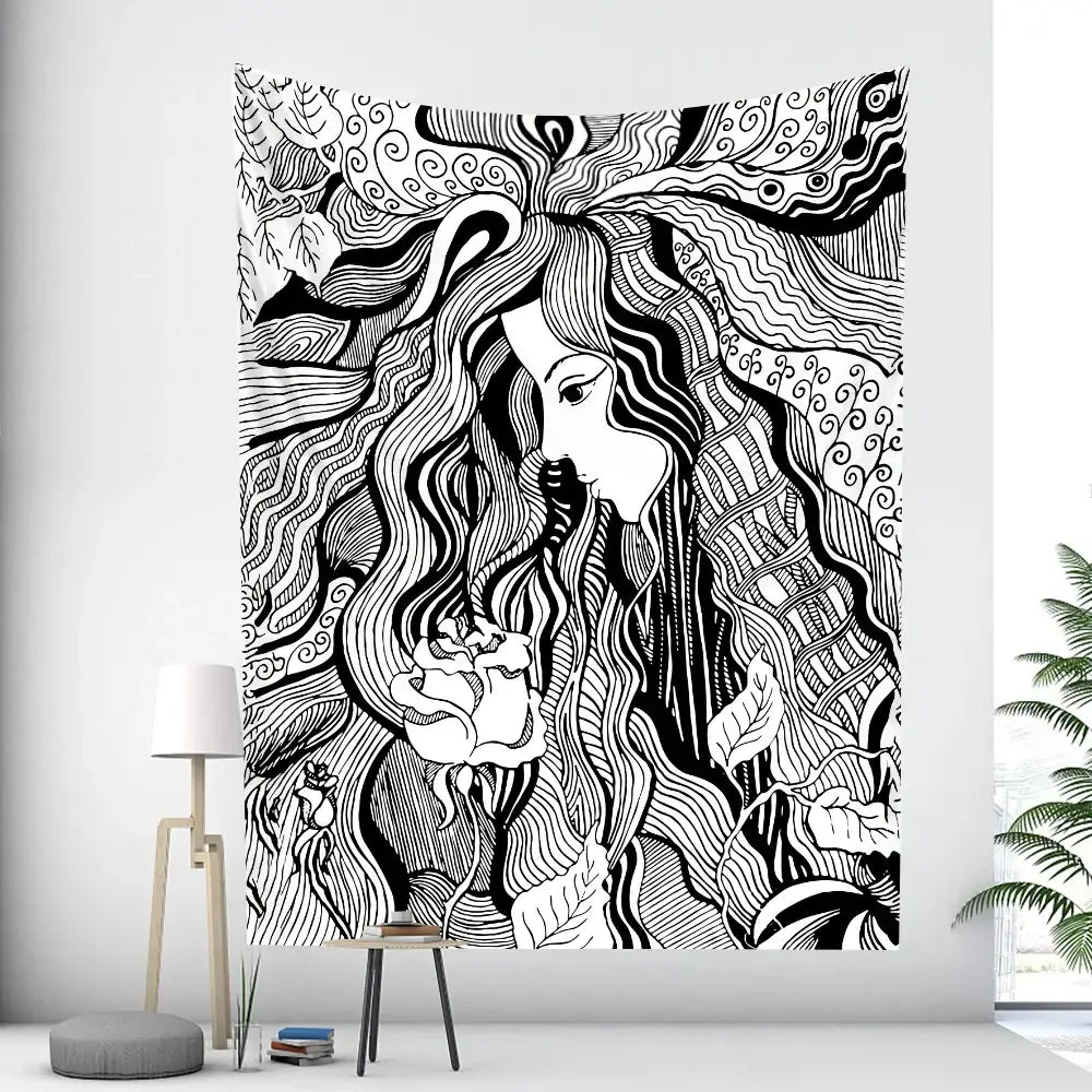 Black and white intricately drawn bohemian moon tarot tapestry featuring a woman holding a rose for bedroom wall art
