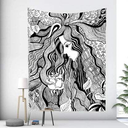Black and white intricately drawn bohemian moon tarot tapestry featuring a woman holding a rose for bedroom wall art