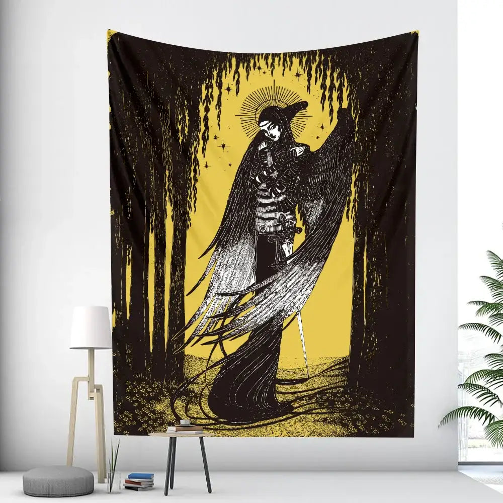 Black and yellow bohemian moon tarot tapestry with skeletal winged figure and sword against weeping willows decorbites bohemian moon
