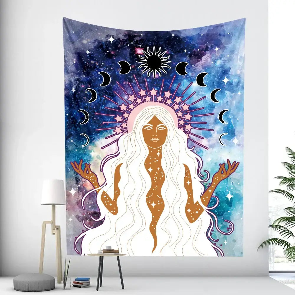 Cosmic-themed bohemian moon tarot tapestry with white-haired figure and moon phases on blue and purple galaxy decorbites wall art