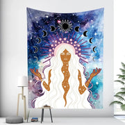 Bohemian moon tarot tapestry in blue and purple galaxy colors featuring a stylized figure with moon phases decorbites bohemian moon