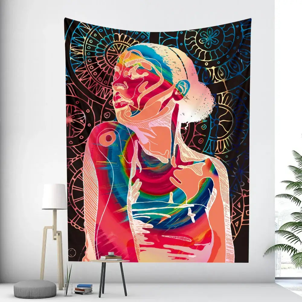 Vibrant bohemian moon tarot tapestry with abstract rainbow figure and black gold mandala for bedroom wall decorbites bohemian moon