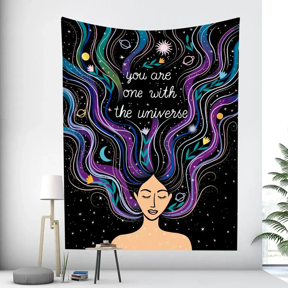 A bohemian moon tarot tapestry featuring a woman with galaxy hair in blue and purple for bedroom wall decorbites bohemian moon