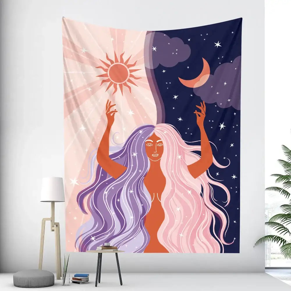 A bohemian moon tarot tapestry by decorbites features vibrant purple and pink hair with sun and moon motifs for bedroom wall art
