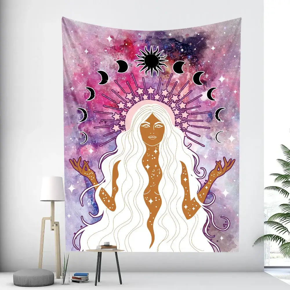 Bohemian moon tarot tapestry featuring a white-haired figure with orange body and crescent moons on blue purple decorbites wall art