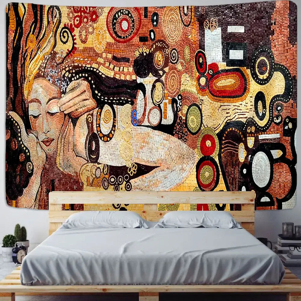 Bohemian mosaic murals tapestry wall art featuring vibrant stylized figures and swirling patterns in warm earth tones