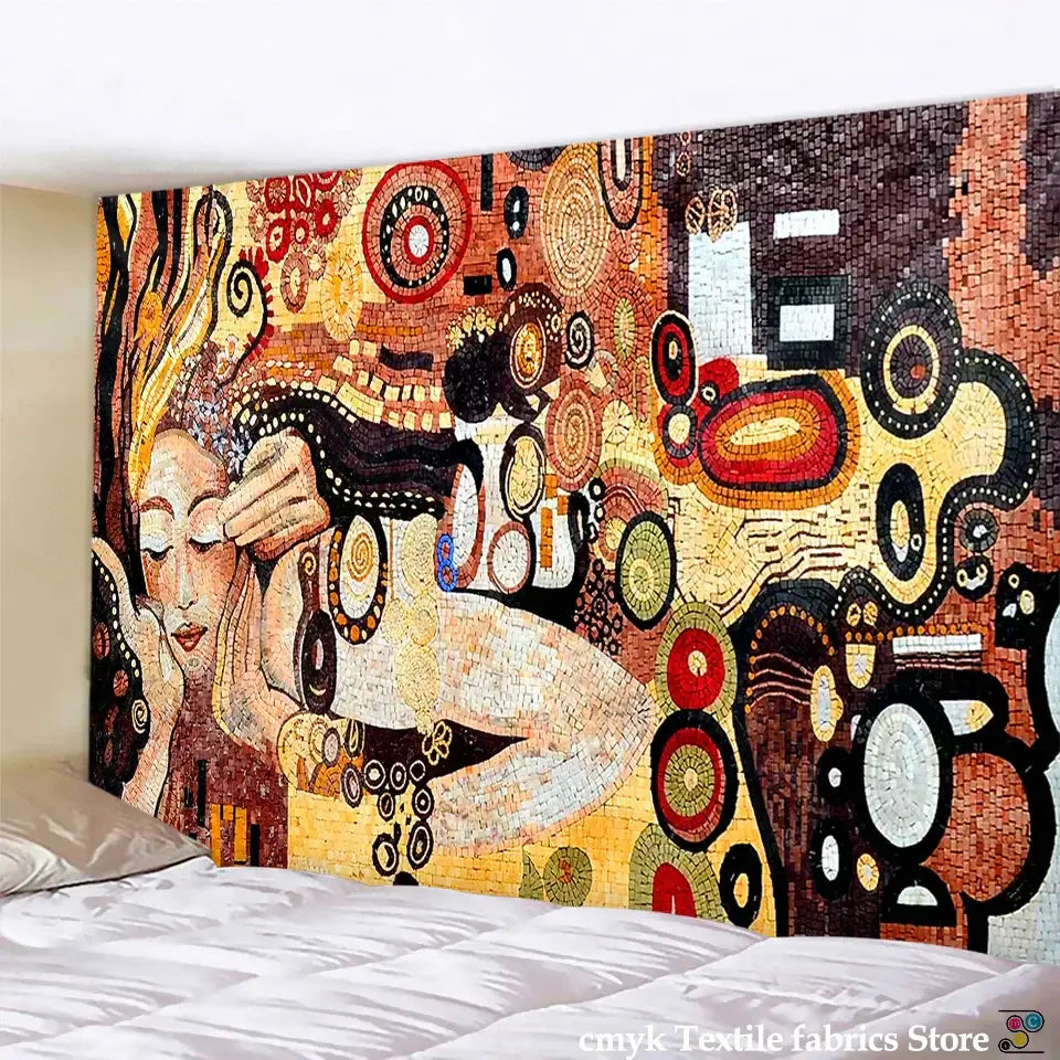 Vibrant decorbites bohemian mosaic tapestry mural with stylized female figure in warm gold red black beige tones for living room decor
