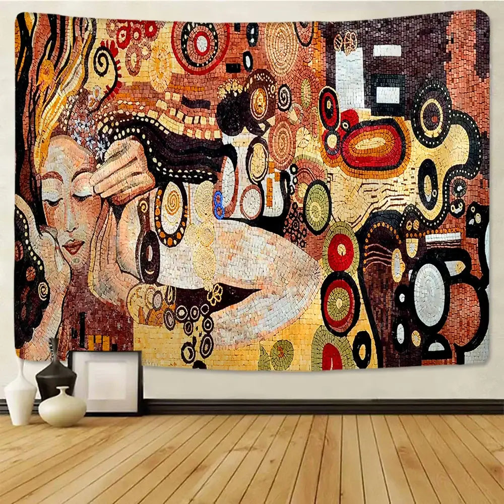 Bohemian mosaic murals tapestry wall art featuring a stylized female in warm gold red black and beige tones for living room decor