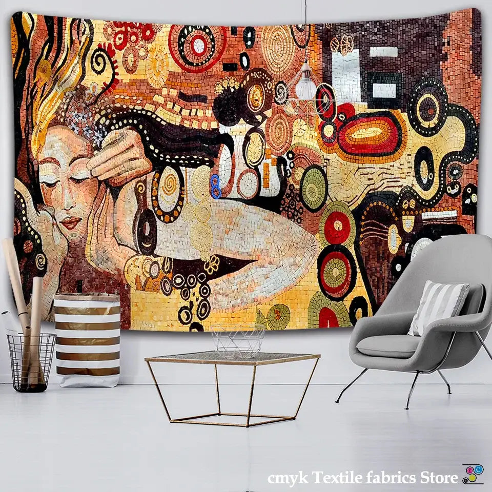 Vibrant decorbites bohemian mosaic tapestry wall art with stylized figures and swirling patterns in warm earthy tones