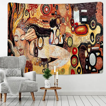 Vibrant decorbites bohemian mosaic tapestry wall art with stylized figures and swirling patterns in warm tones for living room decor