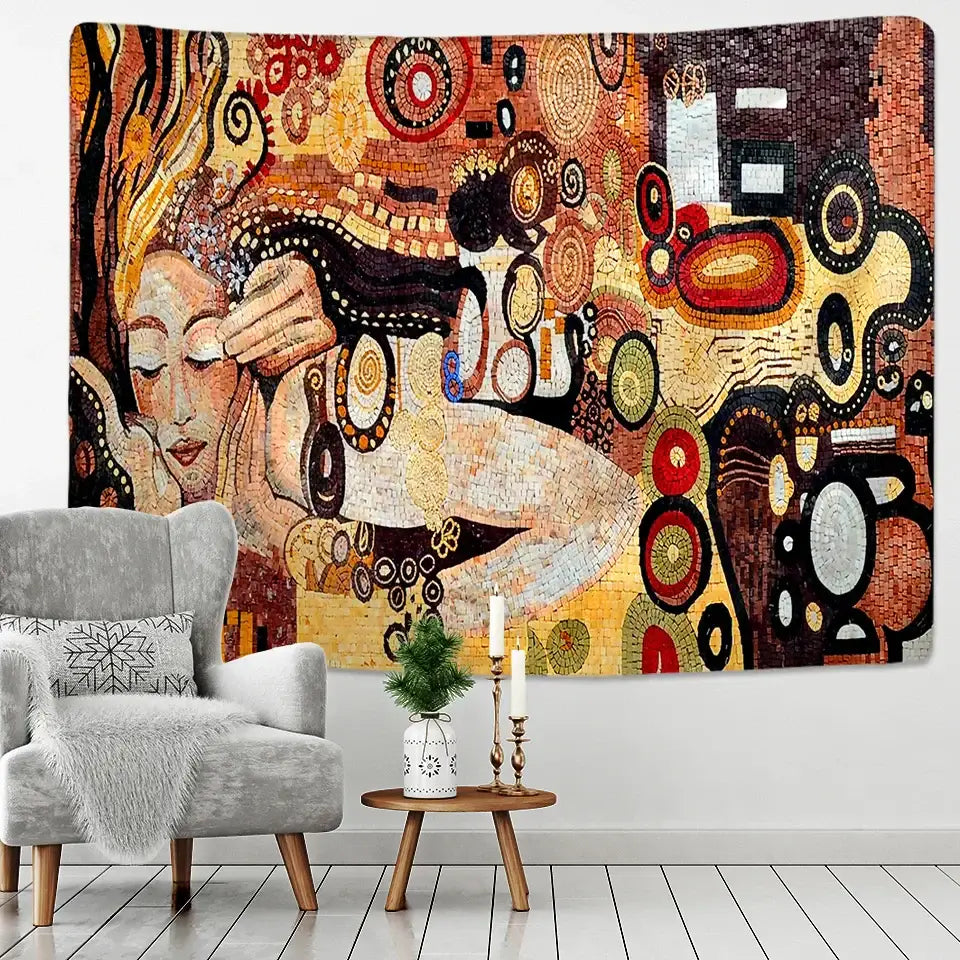 Vibrant decorbites bohemian mosaic tapestry wall art with stylized figures and swirling patterns in warm tones for living room decor