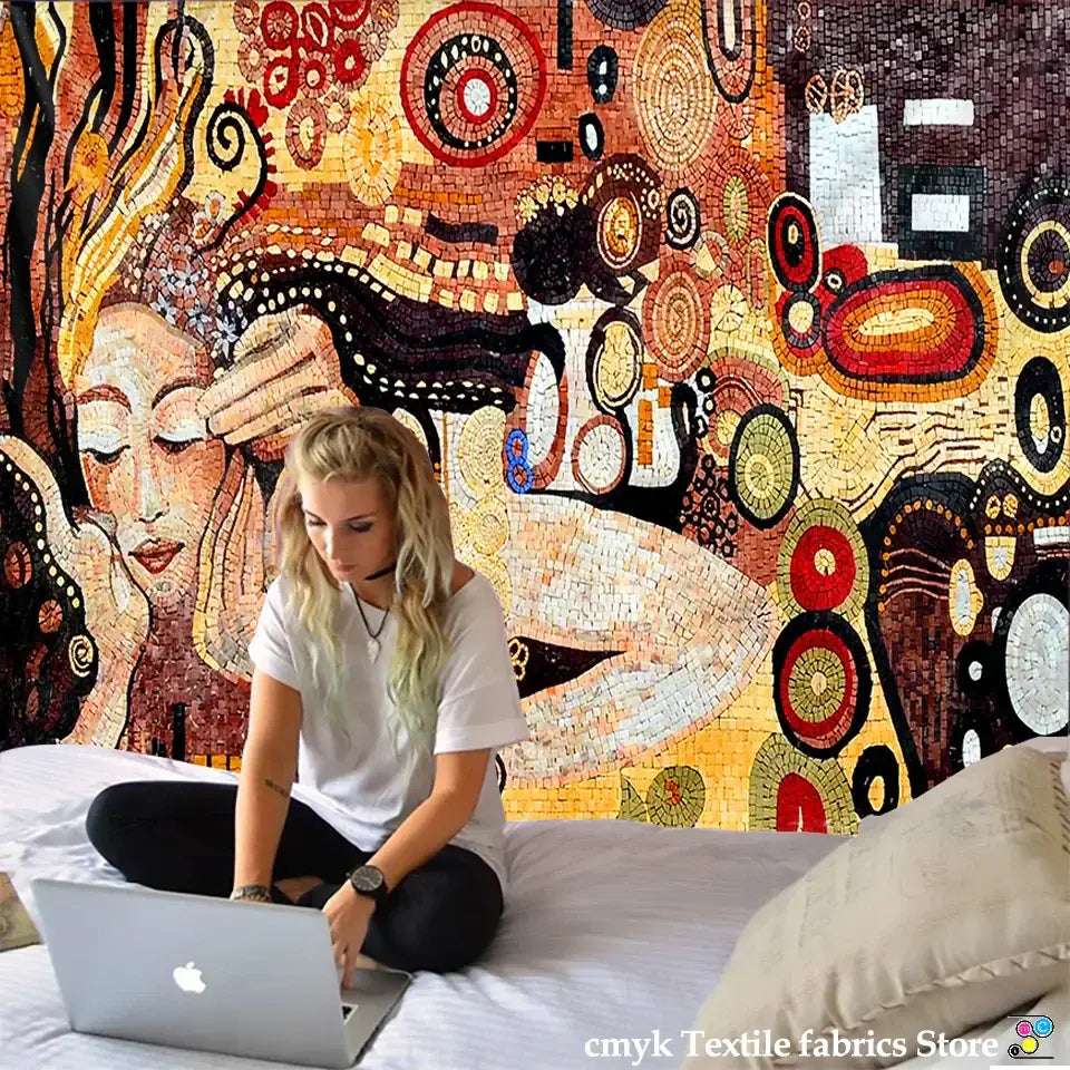 Silver apple laptop placed beside decorbites bohemian mosaic murals tapestry wall art for living room decor