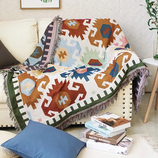 Bohemian multicolored geometric tassel sofa cover with fringed edges in orange blue green beige for living room decorbites geometric tassel