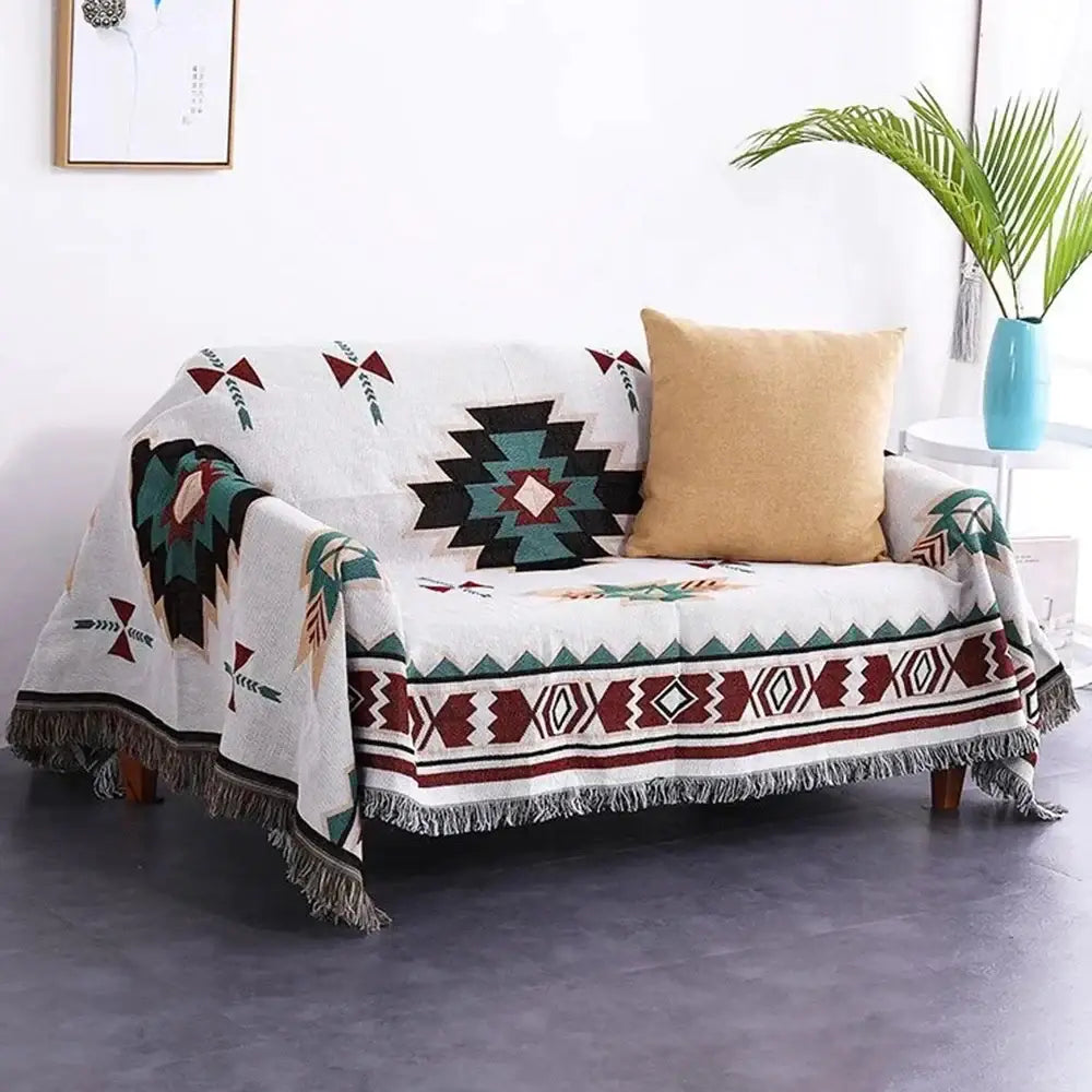 White woven throw blanket with black teal and maroon geometric patterns and fringed edges decorbites geometric tassel sofa cover