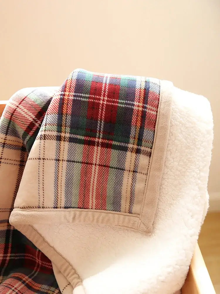 Bohemian multicolored striped coral fleece sofa blanket with red green blue plaid and soft white sherpa lining winter coral fleece