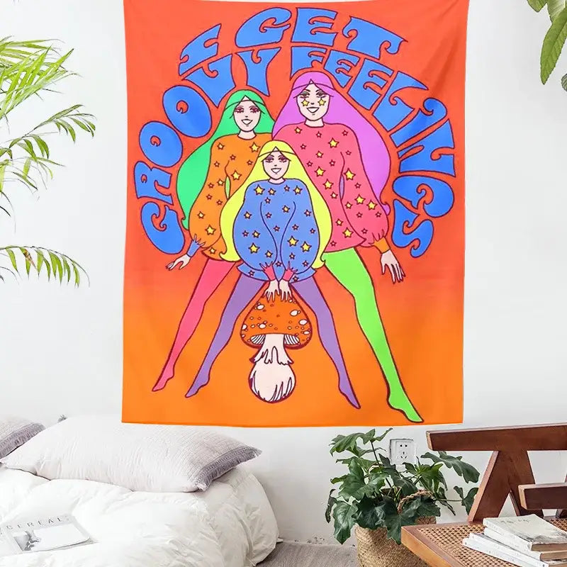 Vibrant orange decorbites bohemian mushroom girl tapestry with three women on a mushroom and get groovy feelings text