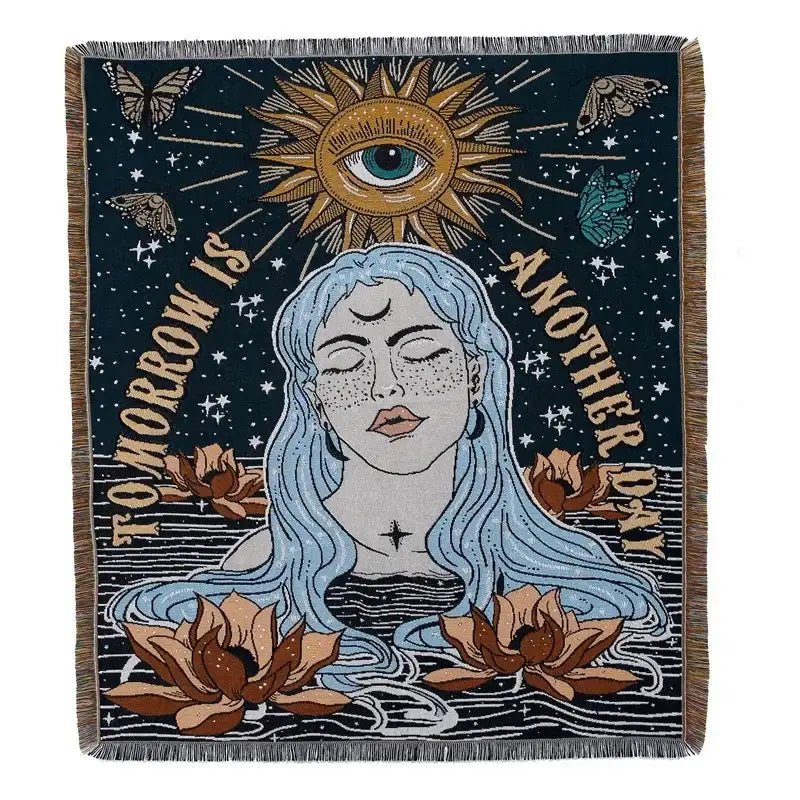 A dark teal decorbites bohemian outdoor blanket featuring a mystical woman with blue hair and lotus flowers design