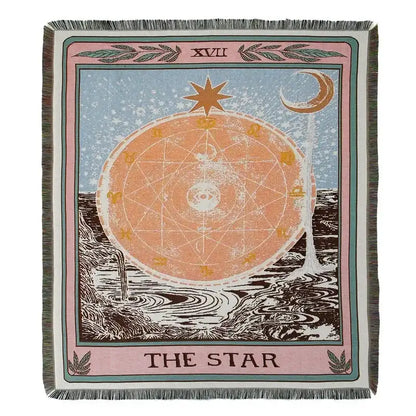 A decorbites bohemian outdoor blanket featuring a soft woven gray tiger tapestry with mystical star tarot design