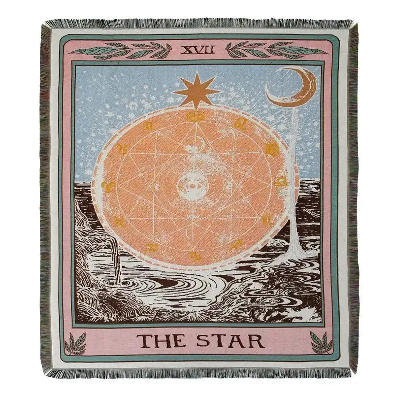 A decorbites bohemian outdoor blanket featuring a soft woven gray tiger tapestry with mystical star tarot design