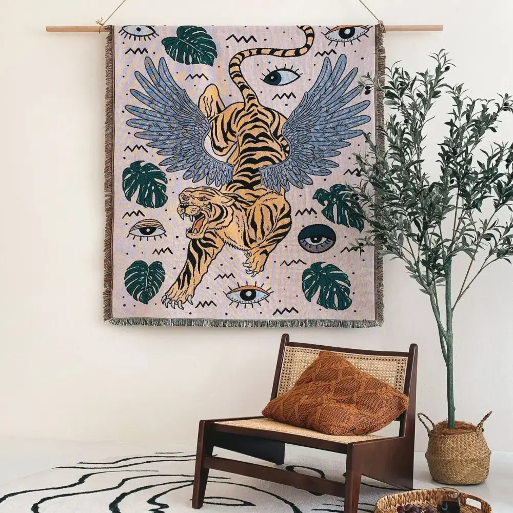 Bohemian outdoor blanket gray tiger tapestry rug featuring a vibrant winged tiger with monstera leaves decorbites bohemian