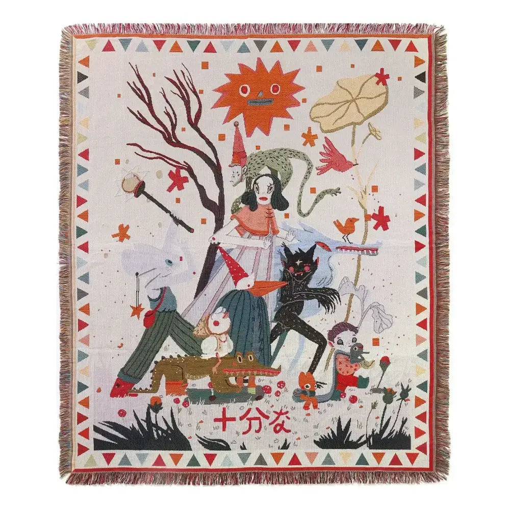 Bohemian outdoor blanket by decorbites with off-white woven fabric and colorful cartoon design framed by geometric borders