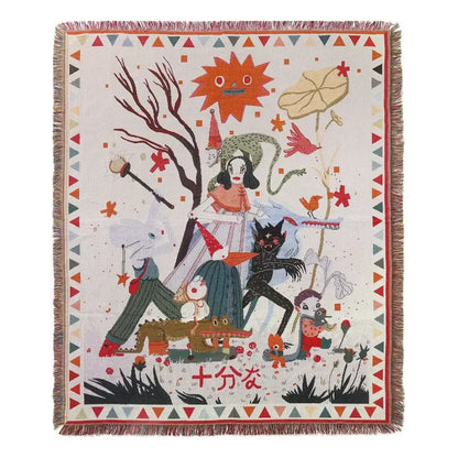 Bohemian outdoor blanket by decorbites with off-white woven fabric and colorful cartoon design framed by geometric borders