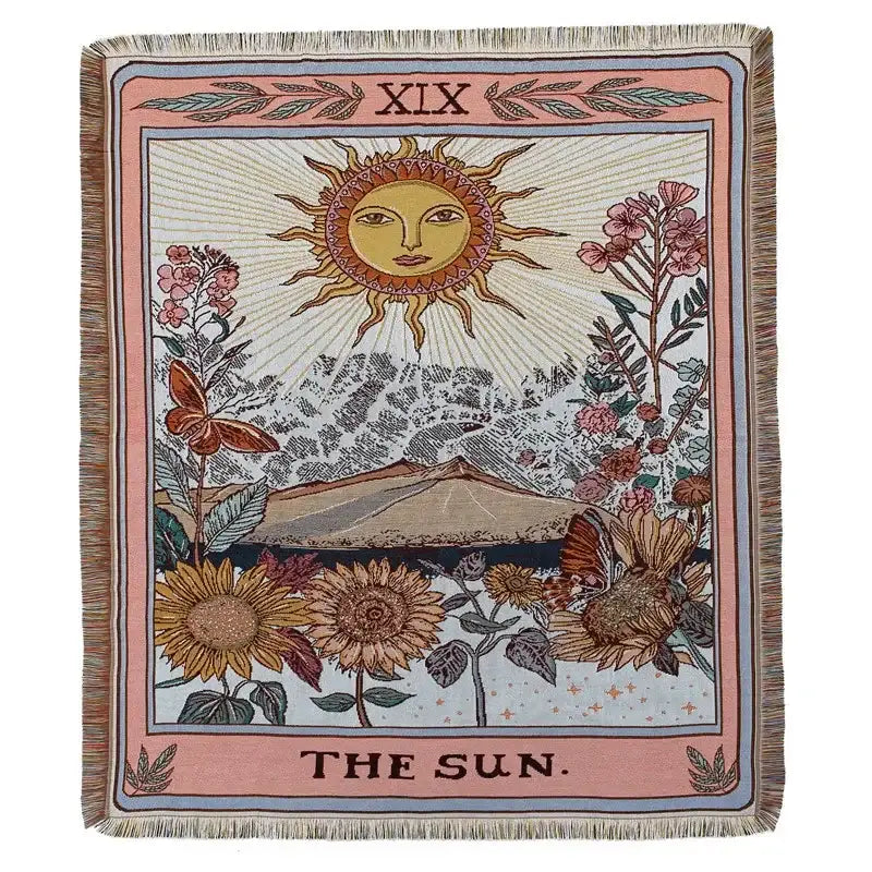 Bohemian outdoor blanket by decorbites featuring a woven tapestry with the sun tarot card design in pastel tones