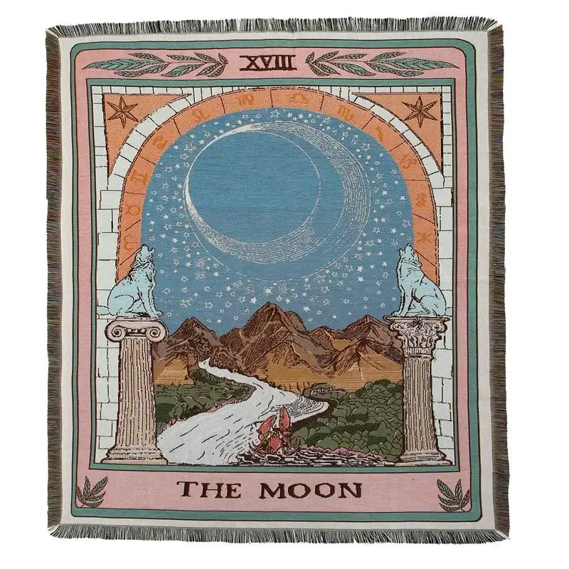 Bohemian outdoor blanket gray tiger tapestry rug featuring woven tarot card the moon with wolves starry sky decorbites bohemian outdoor
