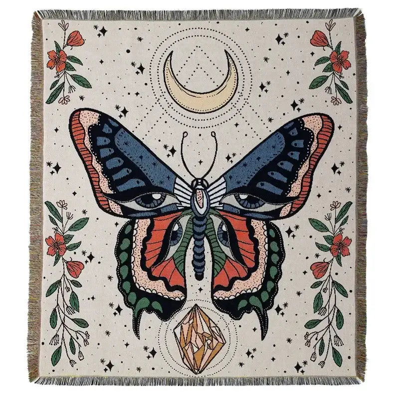Beige woven decorbites bohemian outdoor blanket with butterfly and floral motifs for living room or outdoor use
